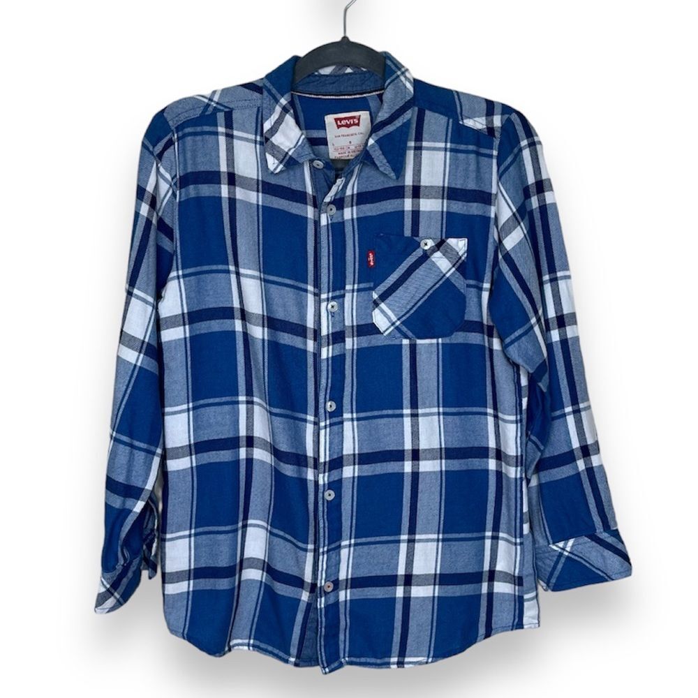 Levis Flannel Blue Plaid Long Sleeve Button Front Cotton Shirt Boys 12-13 Large